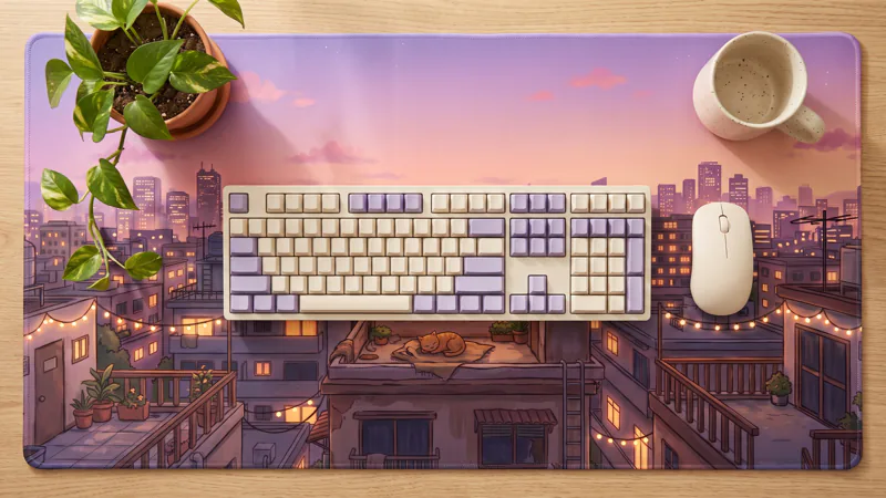 Lofi Rooftops custom desk mat on a wooden desk with a keyboard and mouse