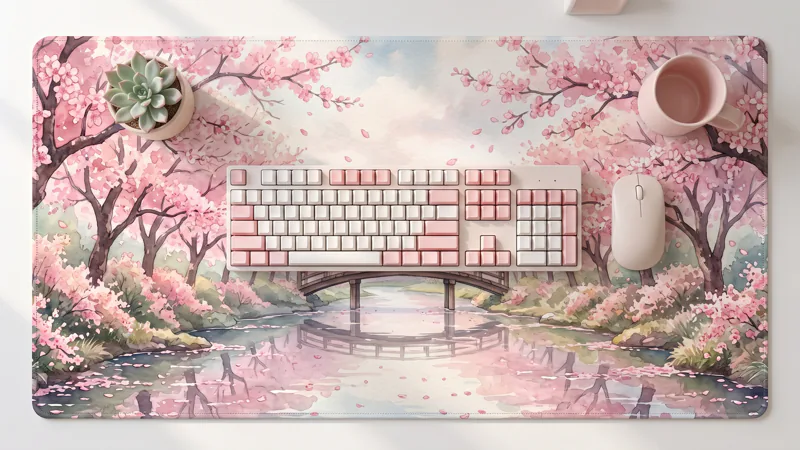 Sakura River desk mat on a desk
