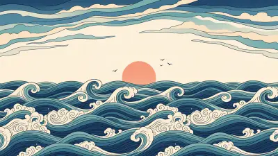 Woodblock-style indigo ocean waves with lacy foam crests under a cream sky and a small orange sun