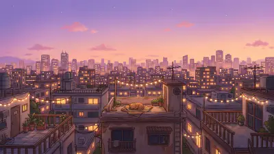 Cozy city rooftops at dusk with warm lit windows, potted plants, fairy lights and a cat asleep on a ledge