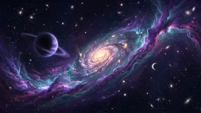Violet, teal and magenta nebula across deep space with a spiral galaxy, a ringed planet and a crescent moon