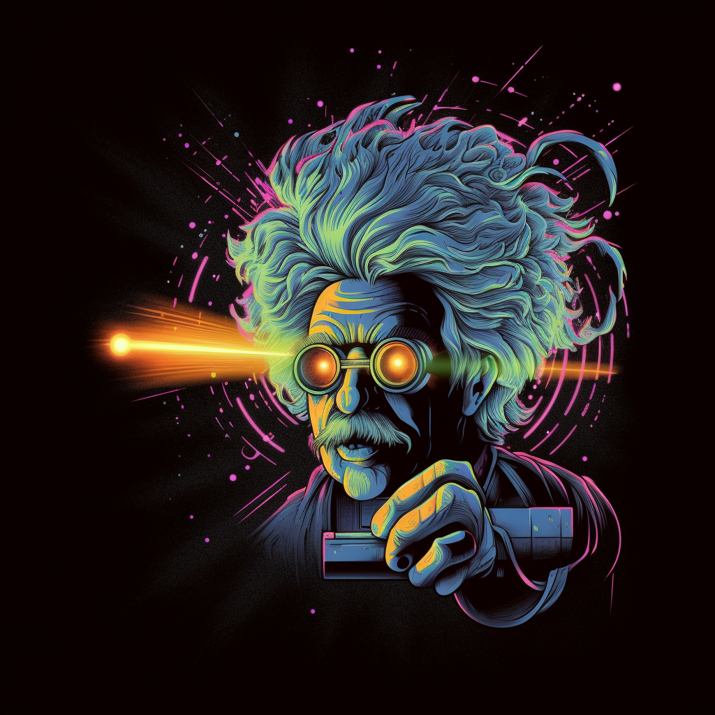 an artist with crazy hair like albert einstein, wielding a laser gun directed at a t-shirt, creating cool graphic designs.
