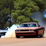 Burnout car doing a big Burnout with a kangaroo hanging out the windows