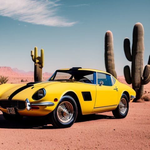 A vintage-style design featuring a retro sports car driving through the desert with cacti in the background