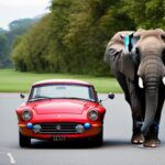 An elephant in a car with a clown