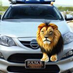 Photo realistic lion on top of a car