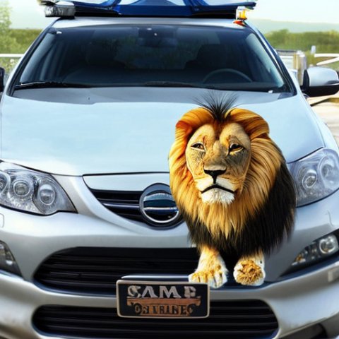 Photo realistic lion on top of a car