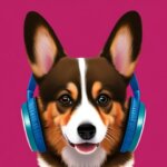 a corgi dog waering headphones and looking happy in illustration arr