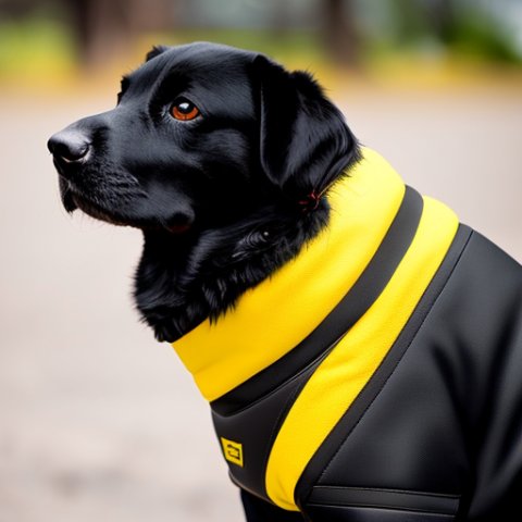 black dog in yellow jacket