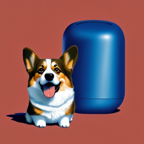 a corgi dog waering headphones and looking happy in illustration art