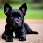 A black dog, ear-lopped, about 2 years old, brown eyed, wearing a bandana, cartoon style, not realistic