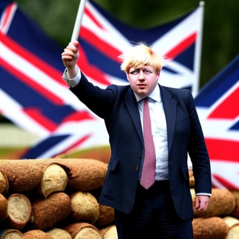 Boris johnson waving a union jack flag, standing on a smoking pile of horse manure