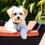 the dog breed maltese relaxing in a sun chair and drinking cocktail