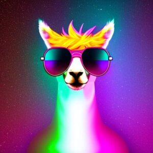 Funky neon llama with sunglasses and a disco ball in the background