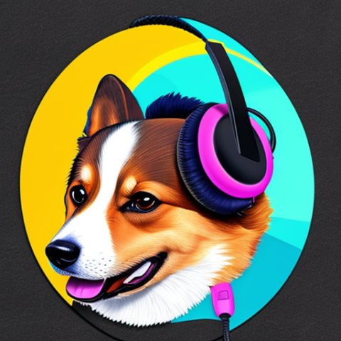 a corgi dog waering headphones and which is vibing to music in illustration art