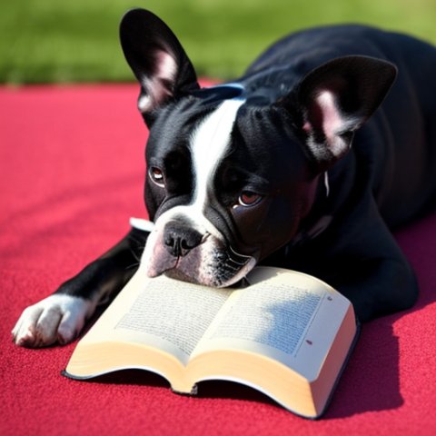 a french bull dog reading a book in the middle of a sunny day