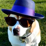 a dog with a hat and sun glasses