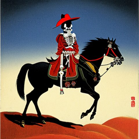 A skeleton wearing a gaucho hat and a red and black scrape, riding a skeleton horse. Japanese art style