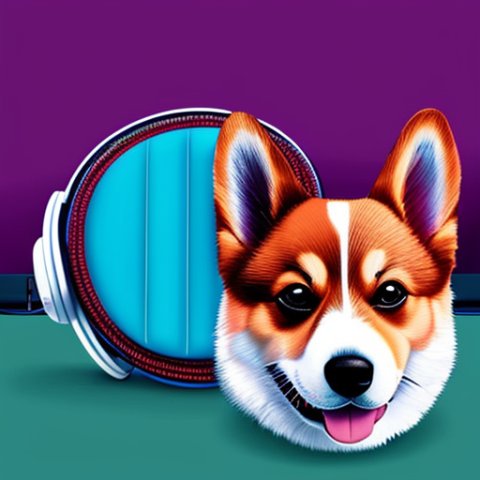 a corgi dog waering headphones and which is vibing to music in illustration art