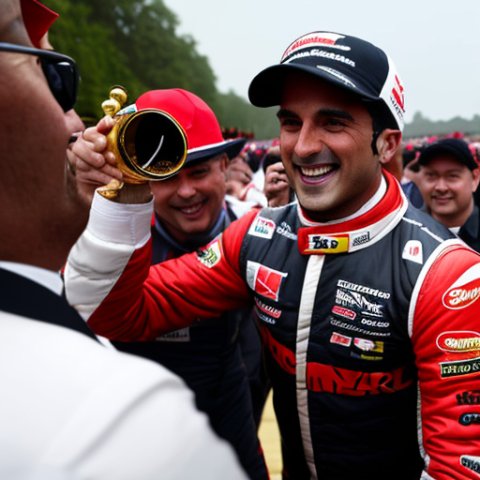 a gentleman gay with a red cap of MRF TYRES and celebrating with Champagne