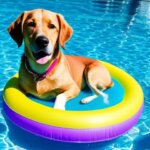 dog sunbathing on a floatie holding a pina colada in a big pool
