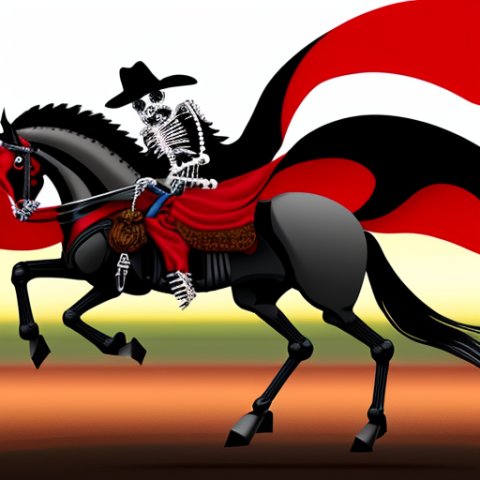 A skeleton wearing a gaucho hat and a red and black sealed, riding a skeleton horse. Animated
