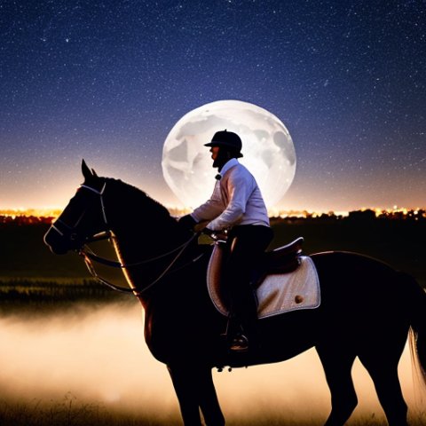 a guy riding a horse smiling to the moon at night