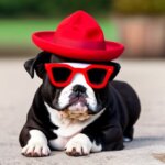 a french bull dog with a red hat and triangular sun glasses