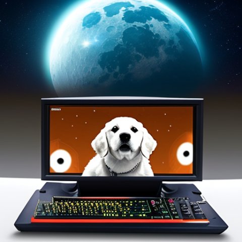 dog playing pc games on the moon