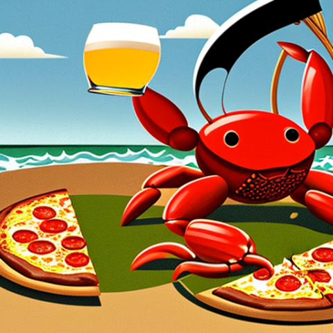 1930’s illustration of a crab holding a beer and a slice of pizza