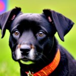 A black, lop-eared dog, brown eyes, wearing a bandana, cartoon style, not realistic