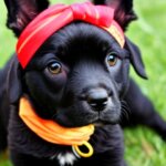 A black, lop-eared dog, about 2 years old, brown eyes, wearing a bandana, cartoon style, not realistic