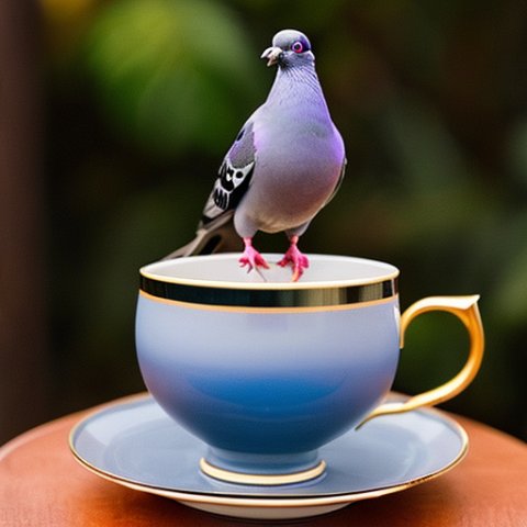 a pigeon dressed as gentleman drinking tea