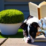 a french bull dog reading a book in the middle of a sunny day