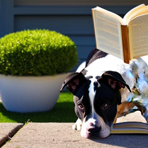 a french bull dog reading a book in the middle of a sunny day