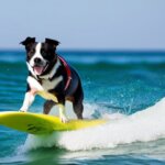 a dog surfing while getting away from a shark