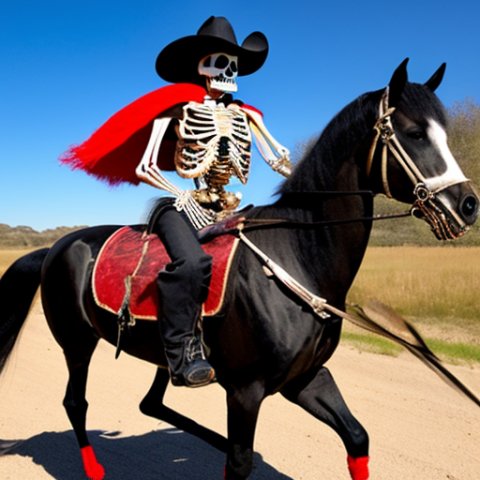 A skeleton wearing a gaucho hat and a red and black scrape, riding a skeleton horse.