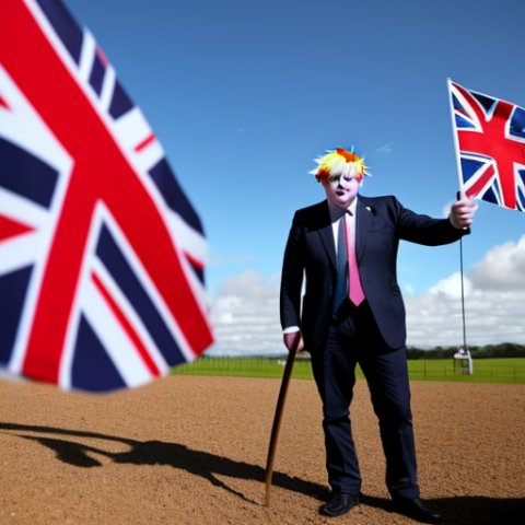 Boris johnson waving a union jack flag, standing on a smoking pile of horse manure