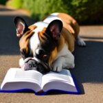 a french bull dog reading a book in the middle of a sunny day