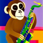 A monkey playing a saxophone in the style of Matisse, colorful