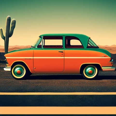 A vintage-style design featuring a retro car driving through the desert with cacti in the background