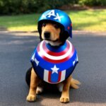 water dog with marvel t-shirt, captain america shield and thor helmet