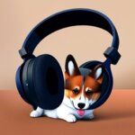 a corgi dog waering headphones and looking happy in illustration art