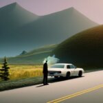 a man smoking a cigarette outside his car in a landscape, animated