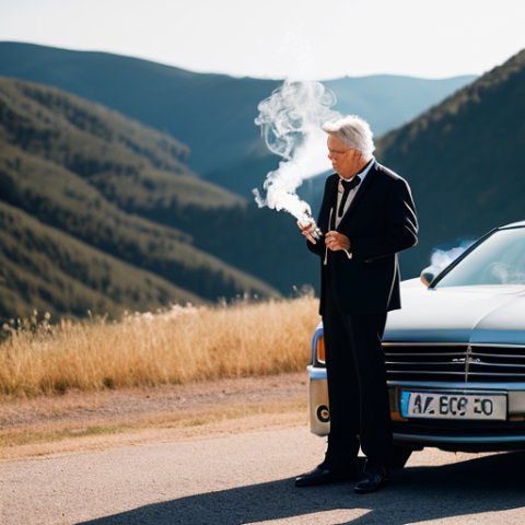 a man smoking a cigarette outside his car in a landscape