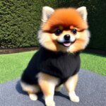 a pomeranian dog with dark suit