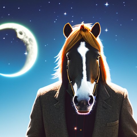 a guy in a horse smiling to the moon at night