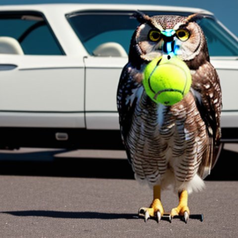 An Owl with tennis shoes, sun lenses and a muscle car