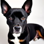 A black dog, ear lopped, about 2 years old, brown eyed cartoonish style