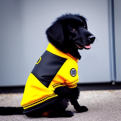 black dog in yellow jacket